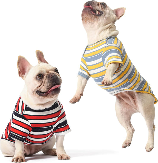 Dog Shirts Cotton Striped T-Shirt, Summer Pet Clothes for Small Dogs, 2-Pack Soft Puppy Apparel Cat Tee, Breathable Stretchy, Red Yellow M