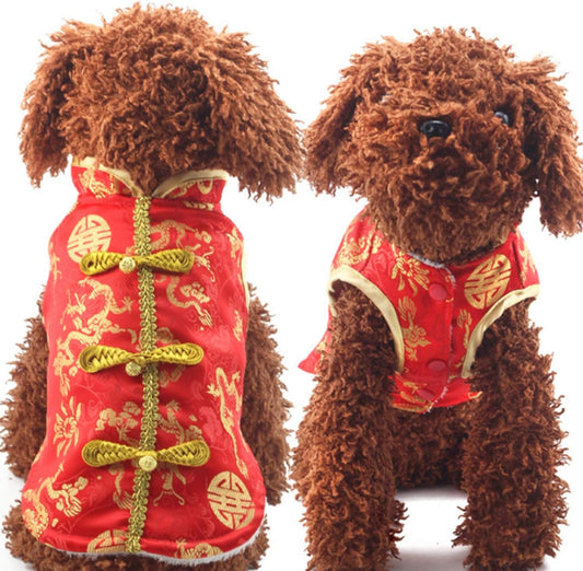New Year Dog Knot Buttons Costume Dragon Cat Cheongsam Winter Pet Clothes Vest of The Tang Dynasty Christmas Coat for Cats Teddy Bichon Small Medium Dogs (XS (Chest Circumference 42cm/ 16.5"))